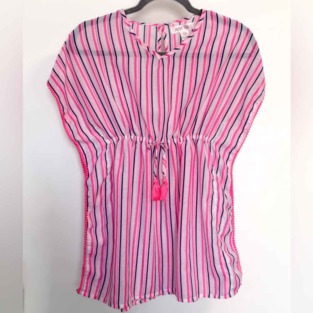 Japna Girls Kaftan-Style Tunic Dress Size 10 Pink Navy Striped Tassel Waist